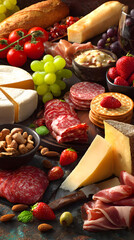 board with cheese, meats, fruits, and crackers arranged artistically
