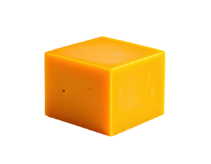 A close-up of a solid, bright-yellow cheese cube
