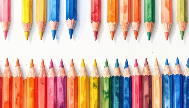 Watercolor illustration of two rows of vibrant colored pencils arranged horizontally against a plain white background