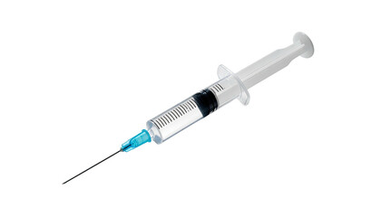 Clear medical syringe angled, pointed tip,  visible plunger