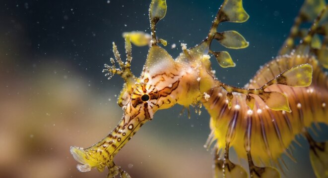 A close-up, detailed portrait of a vibrant leafy sea dragon with intricate patterns and delicate appendages, showcasing its unique camouflage in its natural underwater habitat.
