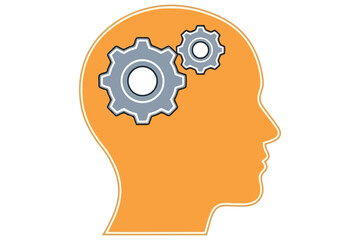 Illustration of a human head with gears inside, symbolizing thinking, intelligence, and problemsolving, represents cognitive function and innovation