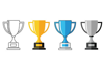 Illustration of four trophies in different colors, including gold, silver, blue, and black and white, symbol of victory and success in competition