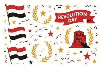 Day Off for Revolution Day Yemen Vector Wallpaper with Flags, Historical Symbols, and Celebration Icons