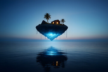 Fototapeta premium A dreamlike natural composition with an island floating above the sea and a beautiful sunset sky