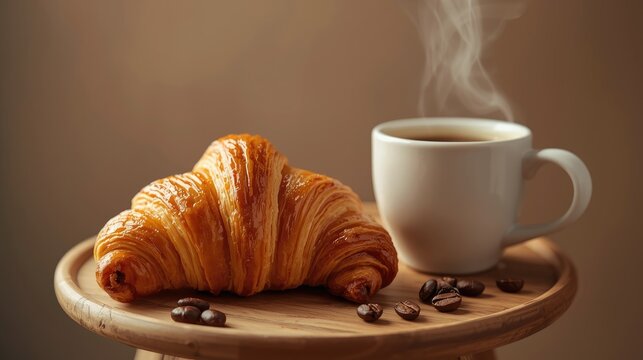 A golden croissant sits beside a steaming cup of coffee on a wooden tray, a delightful breakfast scene.