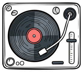 Retro DJ turntable with vinyl record playing music comic style vector illustration