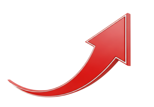 Illustration of a red arrow curving upwards, symbolizing growth, progress, and success, isolated on a transparent background on transparent background