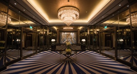 Fototapeta premium Luxurious hotel lobby with a grand crystal chandelier, mirrored walls, and a striking patterned carpet.