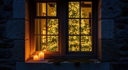 Cozy Christmas scene: Window view of lit tree and candles.