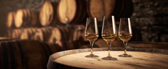 The elegant whiskey tasting experience with glasses on a rustic wooden barrel.