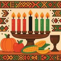 Kwanzaa Celebration Vector Illustration with Kinara Candles and Cultural Elements