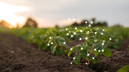 A close-up of a plant in a field with a digital network overlay, symbolizing technology in agriculture during sunset.
