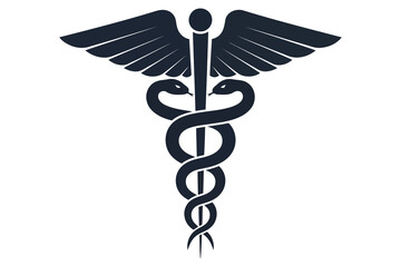 Vector art of a striking caduceus symbol, , embodies medicine and healthcare with its entwined snakes and winged staff, representing healing and wellbeing