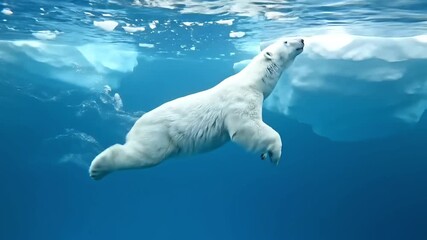 Majestic polar bear gracefully swims through clear blue arctic waters near ice floes. - Powered by Adobe