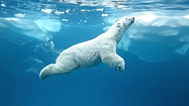 Majestic polar bear gracefully swims through clear blue arctic waters near ice floes.