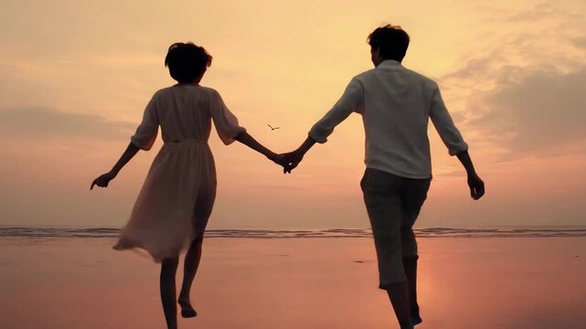 A couple walking hand in hand along a sunset-lit beach.