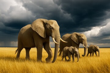 Obraz premium Majestic elephant family walking through golden savannah grass under dramatic storm clouds with moody light in surreal creative background scene. Ai generative