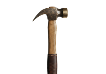 A rugged, antique claw hammer with tarnished brass head, weathered oak handle, and hand-stitched leather grip, isolated on transparent with no shadows, photorealistic. Concept of enduring utility
