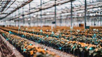 Rows of potted plants in a greenhouse with digital network overlays indicating smart farming technology