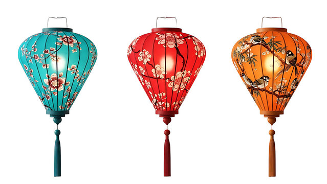 Colorful chinese lanterns traditional asian decoration for mid autumn festival and lunar new year celebration on transparent background