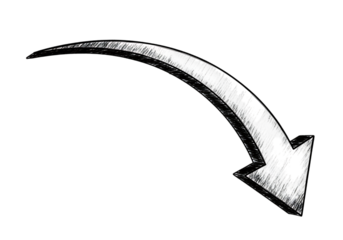 Illustration of drawn black arrow pointing downwards and curving to the right isolated on transparent background on transparent background