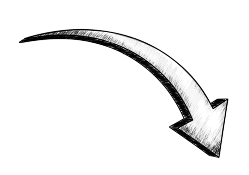 Illustration of drawn black arrow pointing downwards and curving to the right isolated on transparent background on transparent background