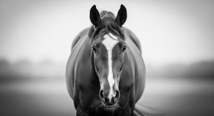 Monochrome portrait of a brown horse with a white blaze, standing in a field.