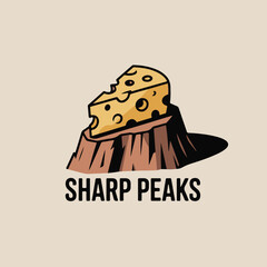 Cartoon illustration of a wedge of Swiss cheese perched atop a tree stump, showcasing a playful, whimsical style with a lighthearted and slightly quirky mood, perfect for branding, packaging