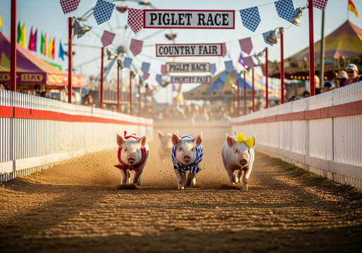 Three piglets wearing costumes race towards the finish line at a country fair piglet race, with banners and tents visible in the background.