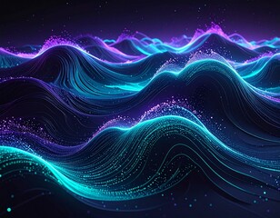 Abstract digital waves glowing with vibrant blue and purple light, featuring sparkling particles.