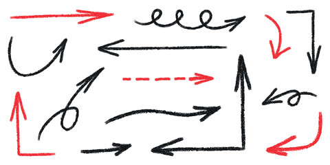 Hand drawn crayon movement arrow collection. Grunge squiggly arrow set. Pencil chalk lines sketch. Color brush scribble element set. Doodle vector illustration.