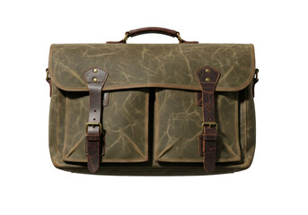 Rugged olive green canvas expedition briefcase, distressed leather straps, brass buckles, flat lay on transparent background with copy space, concept of vintage adventure.