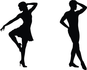 Silhouette of fashionable man and woman in artistic poses, perfect for dance, modeling, fashion, elegance, attitude, and style.