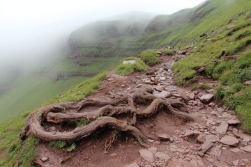 Misty mountain path with gnarled roots
