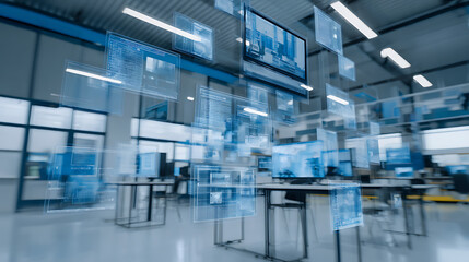 Modern office space with floating digital displays and transparent data panels