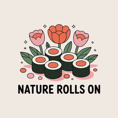 Modern minimalist illustration featuring stylized sushi rolls nestled amongst blooming tulips, conveying a fresh, vibrant, and organic mood, perfect for food blogs, restaurants