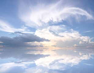 Serene sky with fluffy white clouds perfectly reflected in calm, still water.