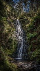 Waterfall Cascading Through Lush Green Forest