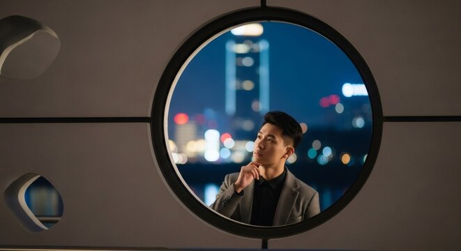 A young man in a suit looks thoughtfully out a circular window at a vibrant city skyline at night, illuminated by countless lights.