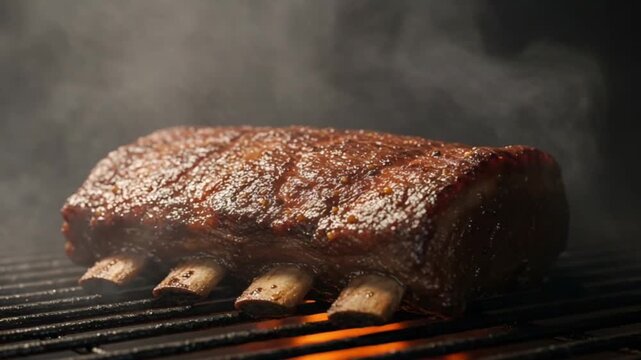 Ribs grilling with smoke and fire