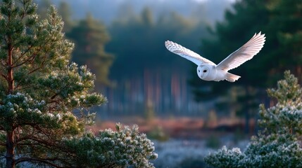 Cinematic Barn Owl Flying Through Forest in Winter Landscape with Evergreen Trees and Soft Lighting for Wildlife Photography