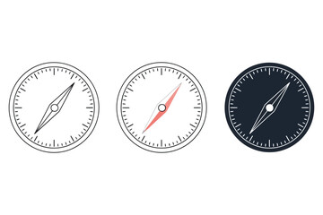 Vector art of set of three compass icons, each with a different style, including a line drawing, a color version, and a dark mode version, all with a classic design