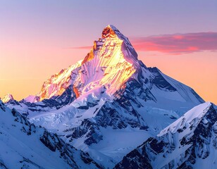 Majestic, snow-capped mountain peak glowing with golden sunlight against a soft, colorful sunrise sky in a stunning natural landscape