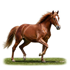 Obraz premium Stunning chestnut horse gracefully trotting on lush green grass with white background