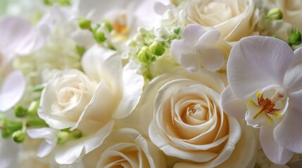 Obraz premium Elegant White Roses and Orchids in a Soft Floral Arrangement