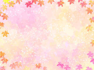 モミジの紅葉イメージの背景素材。水彩風テクスチャー。かわいい色調の葉っぱのシルエットのフレーム。和風のあしらい。うっすらとしたかわいい色調の背景。