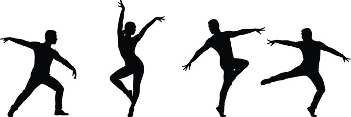 Silhouettes of male and female ballet dancers in dynamic dance poses, perfect for performance, choreography, stage art, and creativity.