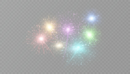 Colorful fireworks explode with sparkling highlights and bright particles on a transparent background. Festive light explosions for holiday overlays, party decorations, greeting cards, and banners.
