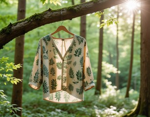 A garment hanging from a tree branch in a serene forest. The fabric is woven from sus